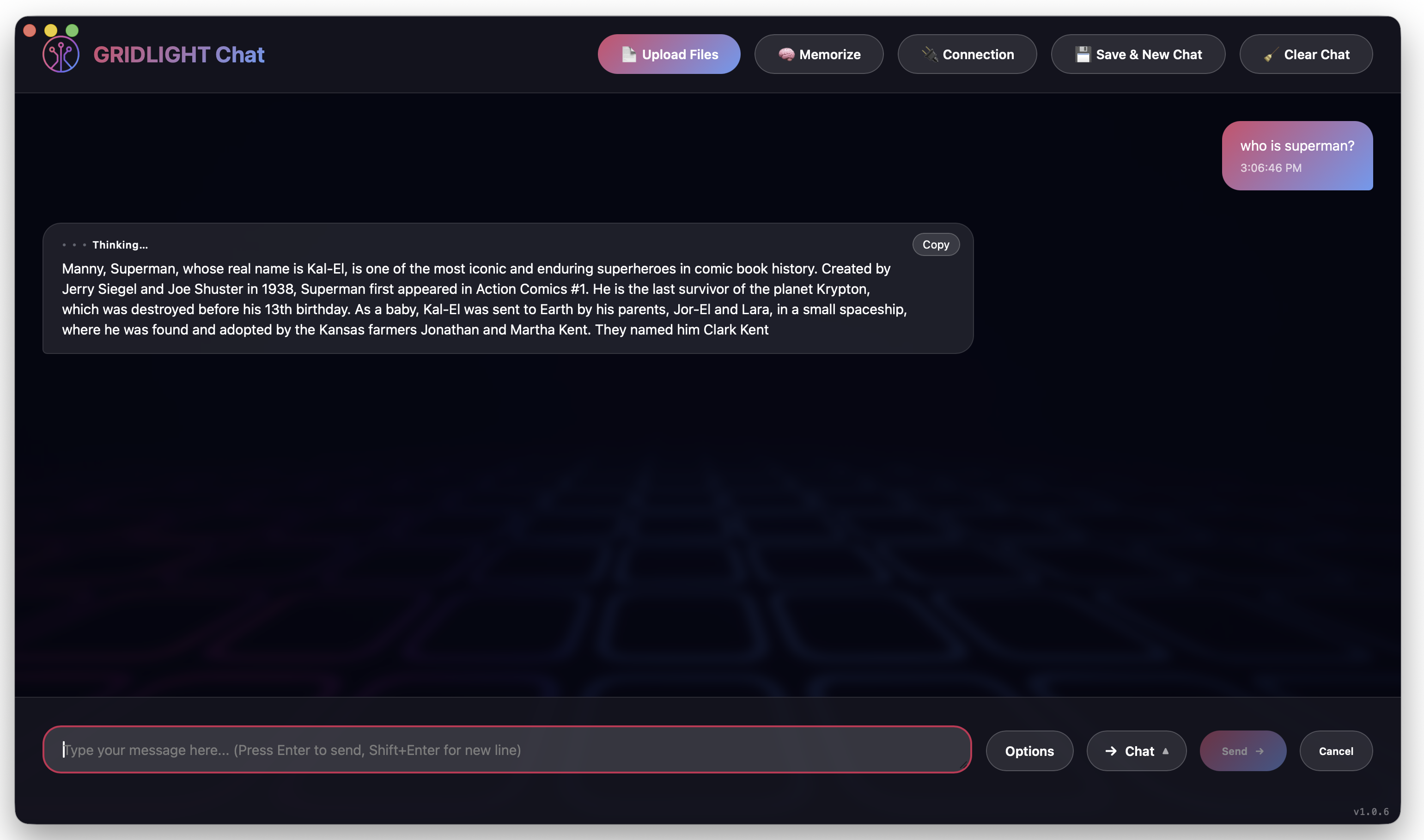 Screenshot: Gridlight chat interface with streaming AI response