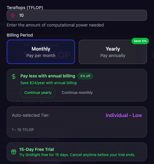 Screenshot: Gridlight plan selection and checkout page