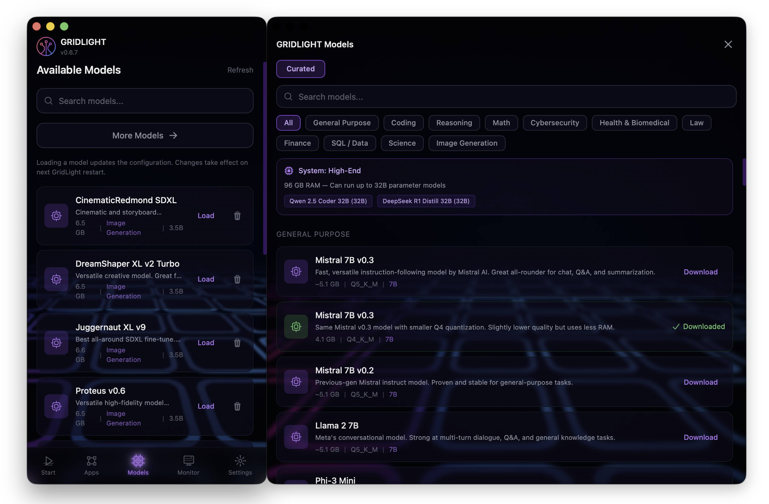 Screenshot: Gridlight model catalog with download buttons