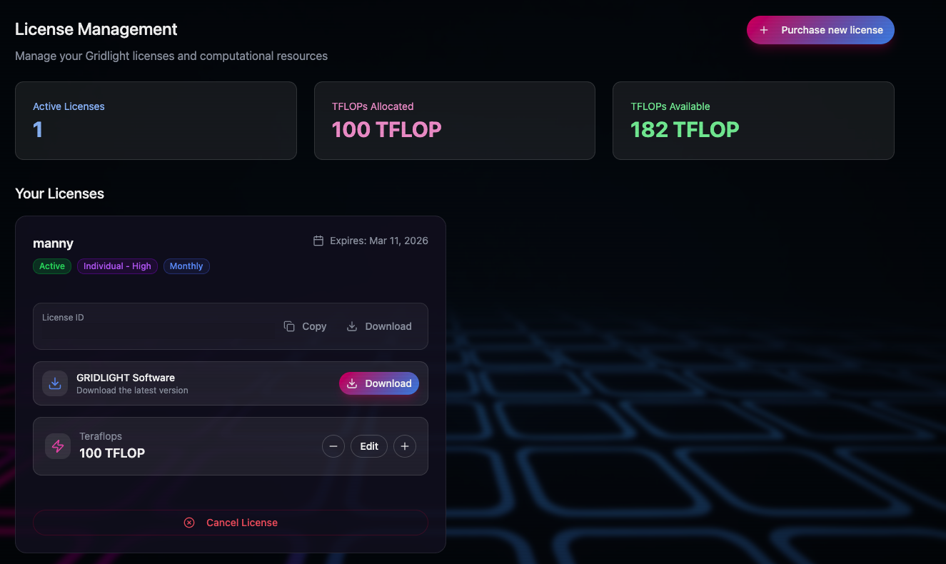 Screenshot: Gridlight license portal registration page