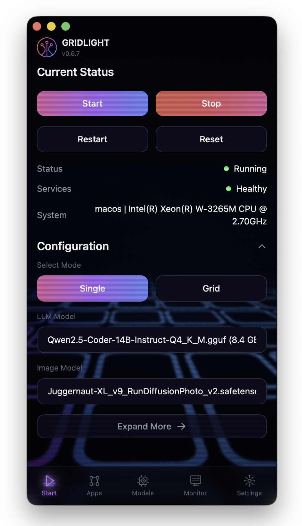 Screenshot: Gridlight desktop application main screen