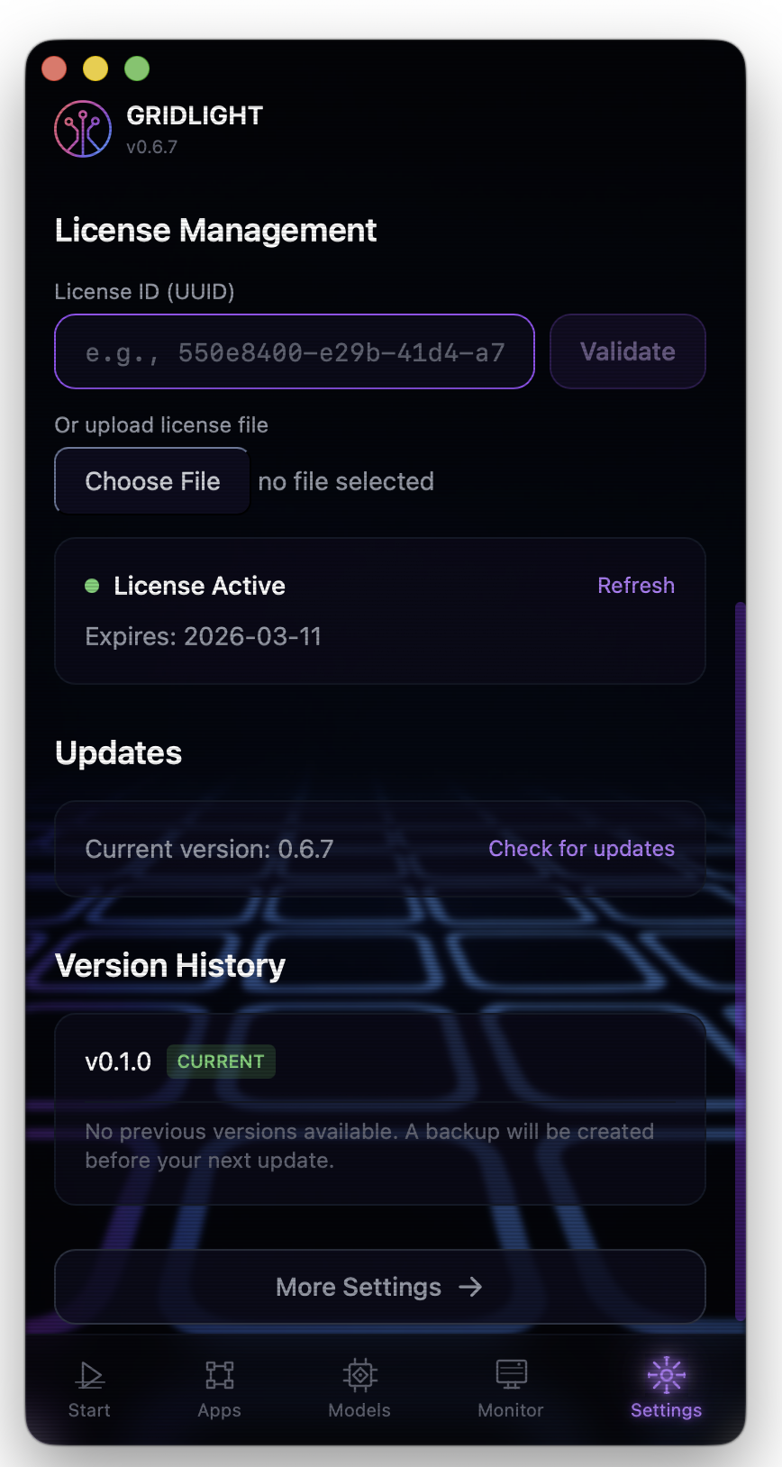 Screenshot: Gridlight license activation screen in Settings